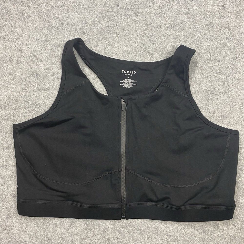 Torrid Sports Bra Women's 3X Black STRETCH BREATHABLE MOISTURE WICKING Front ZIP
